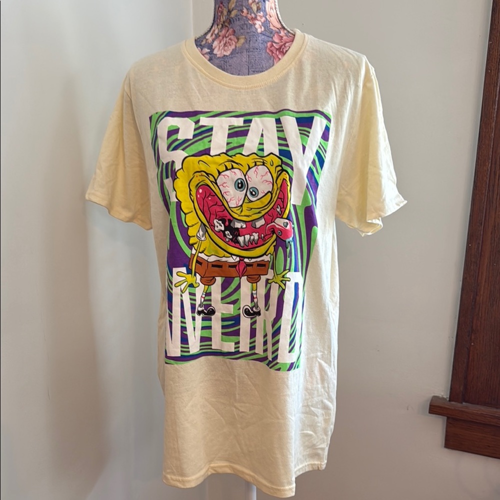 SpongeBob STAY WEIRD Yellow Graphic T-Shirt with Cartoon Print